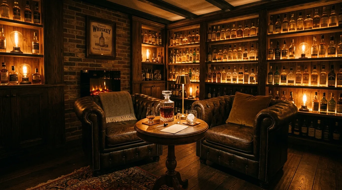 Use shelving that makes the bottles part of the design inspiration for a home whiskey lounge.